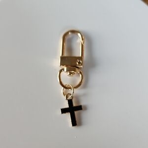 Cross Bag Charm/Keychain, Gold Tone, Black Cross